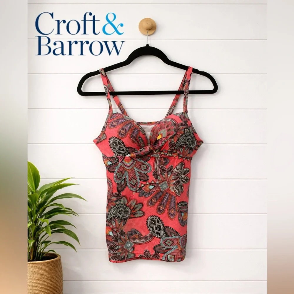 🌴💗🔥Croft & Barrow Paisley Underwire Tankini Top Sz 6 Swimsuit Top | Coral Boho